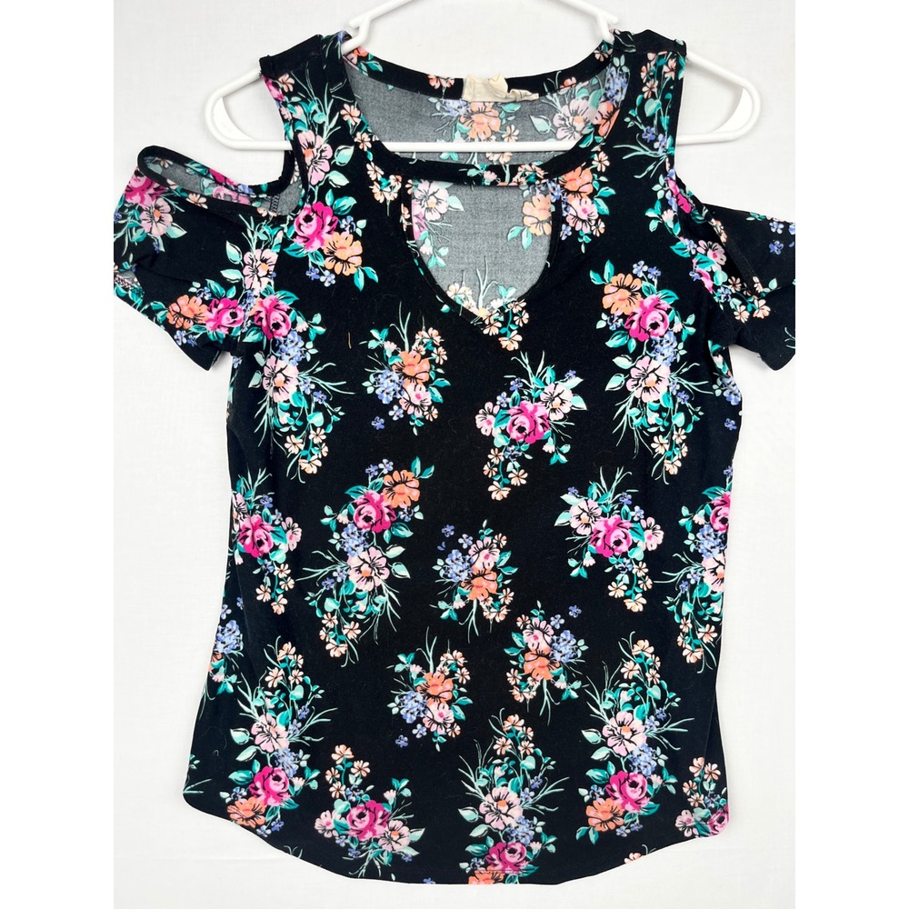 No Comment Floral Cold Shoulder Top Womens Large Caged V-Neck Black Multi